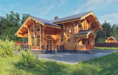 Двухэтажный деревянный дом из оцилиндрованного бревна с тёмной крышей и верандой
