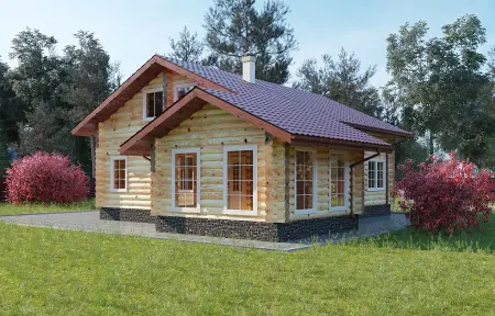 Деревянный бревенчатый дом с коричневой крышей и красными кустарниками на участке