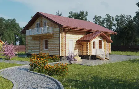 Деревянный бревенчатый дом с красной черепичной крышей и балконом на втором этаже