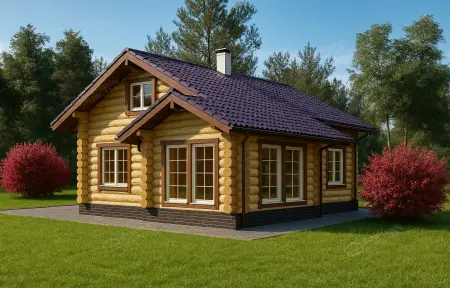 Деревянный бревенчатый дом с тёмной крышей и красными кустарниками на зелёном газоне
