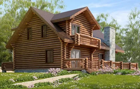 Двухэтажный деревянный дом из оцилиндрованного бревна с балконом и каменным дымоходом
