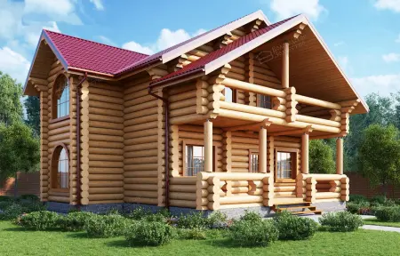 Двухэтажный бревенчатый дом с красной крышей и открытой верандой на фоне зелёного сада