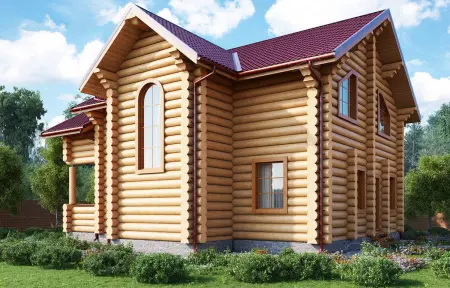 Двухэтажный рубленый дом из оцилиндрованного бревна с бордовой крышей