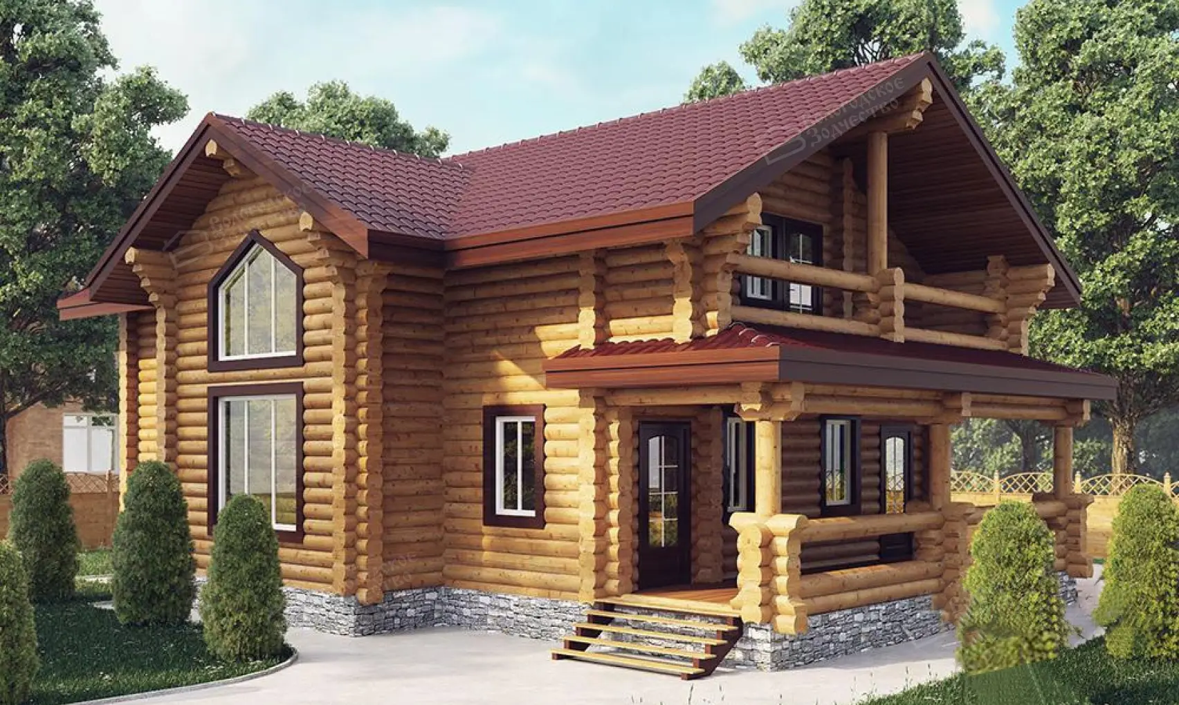 Двухэтажный бревенчатый дом с тёмно-красной крышей и открытой верандой