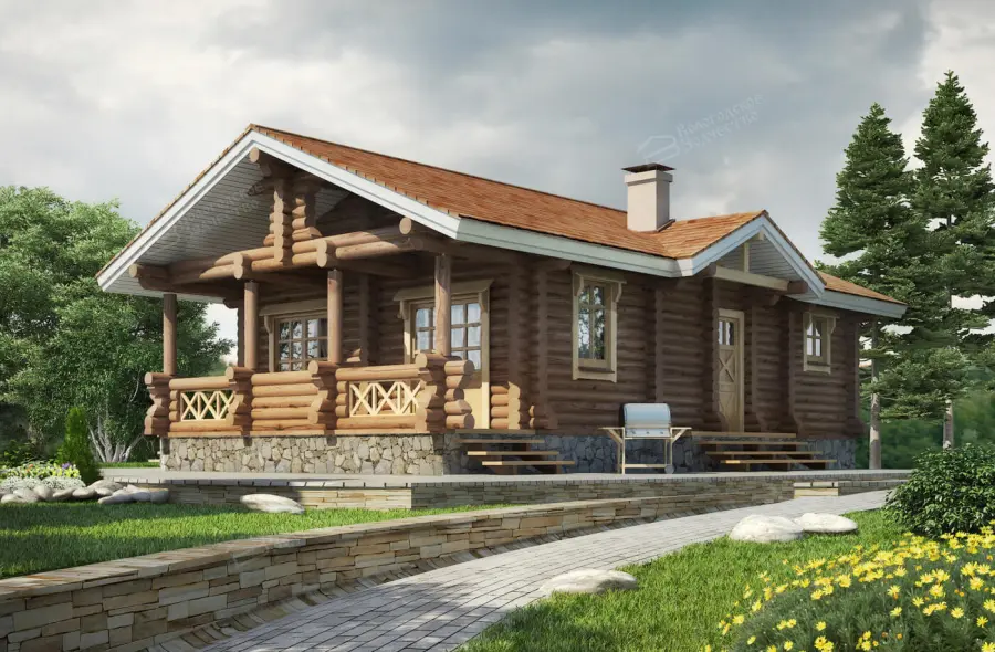 Одноэтажный бревенчатый дом с верандой, каменным цоколем и двускатной крышей среди зелёного сада