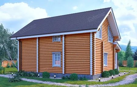 Двухэтажный деревянный дом из оцилиндрованного бревна с двускатной крышей