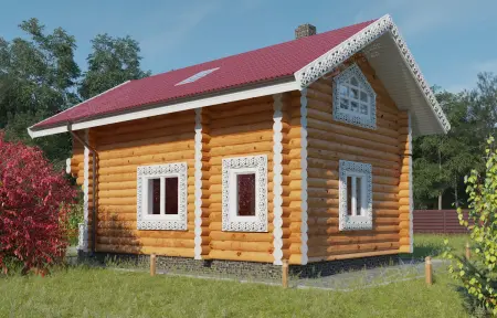 Деревянный рубленый дом с красной крышей и белыми резными наличниками на окнах
