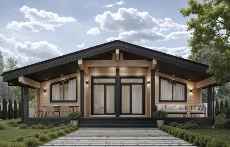 Современный одноэтажный дом из светлого дерева с чёрной крышей и просторной верандой