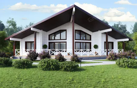 Одноэтажный загородный дом из бруса с тёмной крышей и просторной верандой