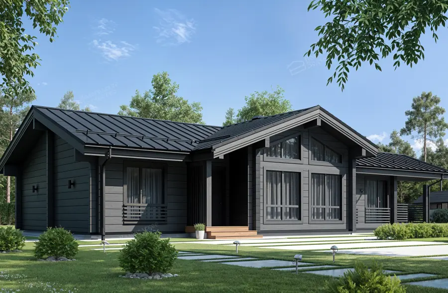 Одноэтажный деревянный дом тёмно-серого цвета с чёрной металлической крышей и большими окнами