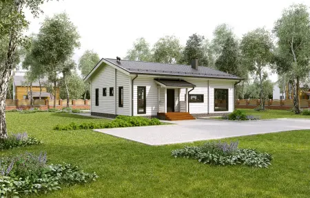 Одноэтажный белый дом с тёмной крышей и ухоженным зелёным участком