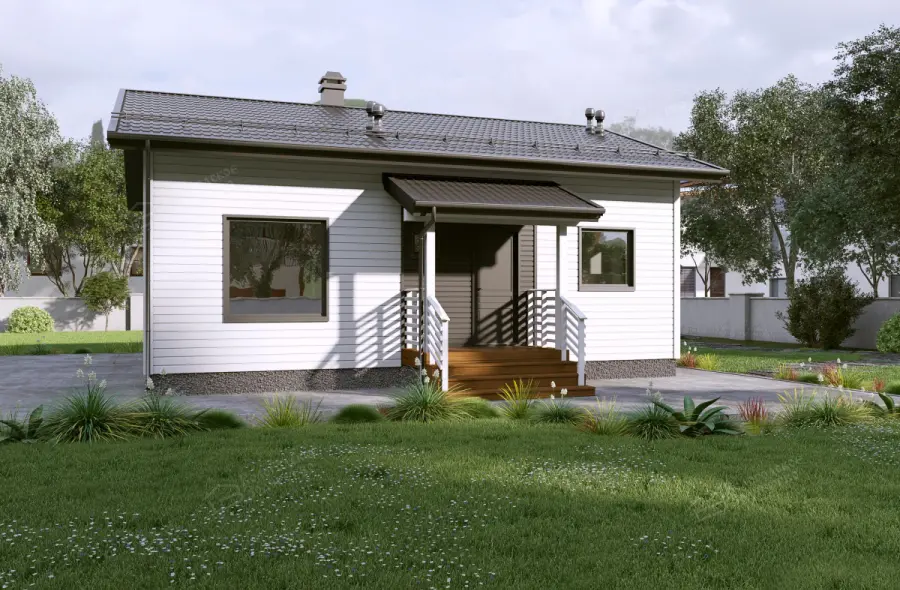 Одноэтажный белый дом с тёмной крышей и деревянным крыльцом на фоне зелёного газона